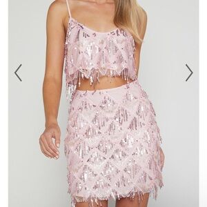 Showpo SEQUIN DIAMOND MESH CROPPED Set in PINK
